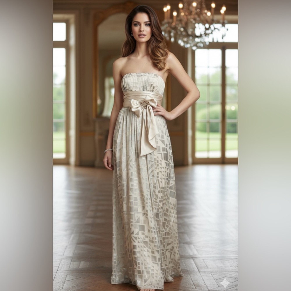 NWT - BCBGMaxAzria Long Chiffon Silk Flowy Silvery-Beige 
Gown - Picture 2 of 11